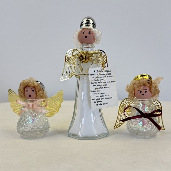 Set Of 3 Vintage Kitchen Angel Salt and Pepper Shakers Glass Handmade 2.5"-5" - Picture 1 of 13